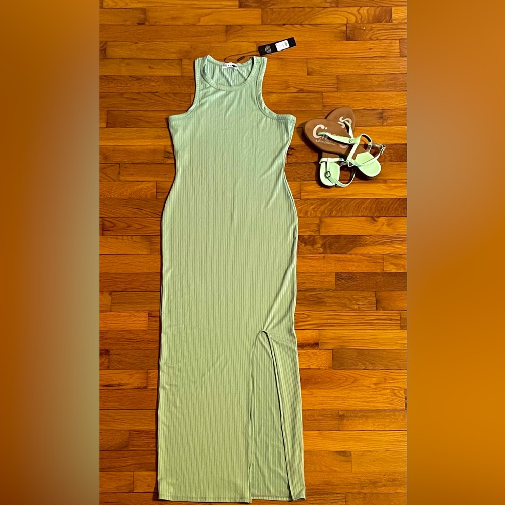 Fashion Nova Ribbed Aqua Maxi Dress